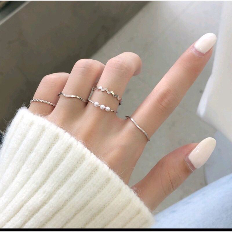 Cincin Ring 1 set isi 5PCS Desain Geometri Mutiara Bahan Metal Gaya Korea / Cincin Wanita