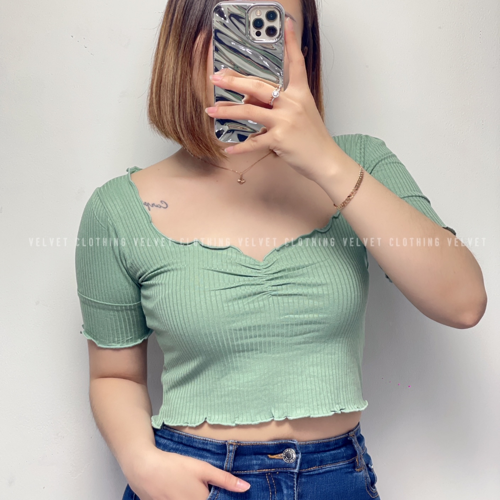 Crop Top Neci Squareneck Rib / Crop Top Polos Neci Wanita / Crop Lengan Pendek Knit Wanita 4166