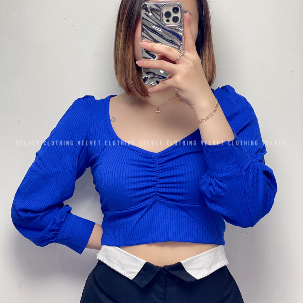 Blouse Puffy Long Sleeve Knit / Crop Top Lengan Panjang Wanita / Atasan Vneck Lengan Panjang Kerut 4804