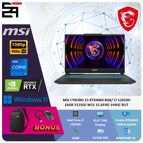 MSI Cyborg 15 RTX4060-8GB i7 12650H 16GB 512GB SSD W11 15.6 Inchi FHD 144Hz