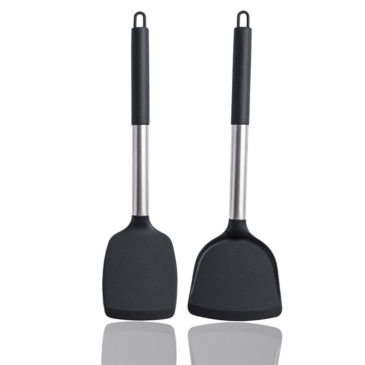 Spatula Sendok sodet Sutil penggorengan Stainless Steel Silicone Handle teflon wajan cekung goreng anti legket hitam kualitas premium tebal
