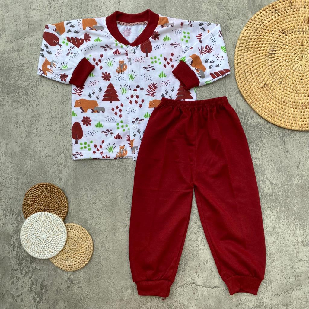 Setelan Baju Bayi Piyama Bayi Lengan Panjang Kancing Depan Motif Beruang Madu Usia 3-12 Bulan Almeera Baby and Kids