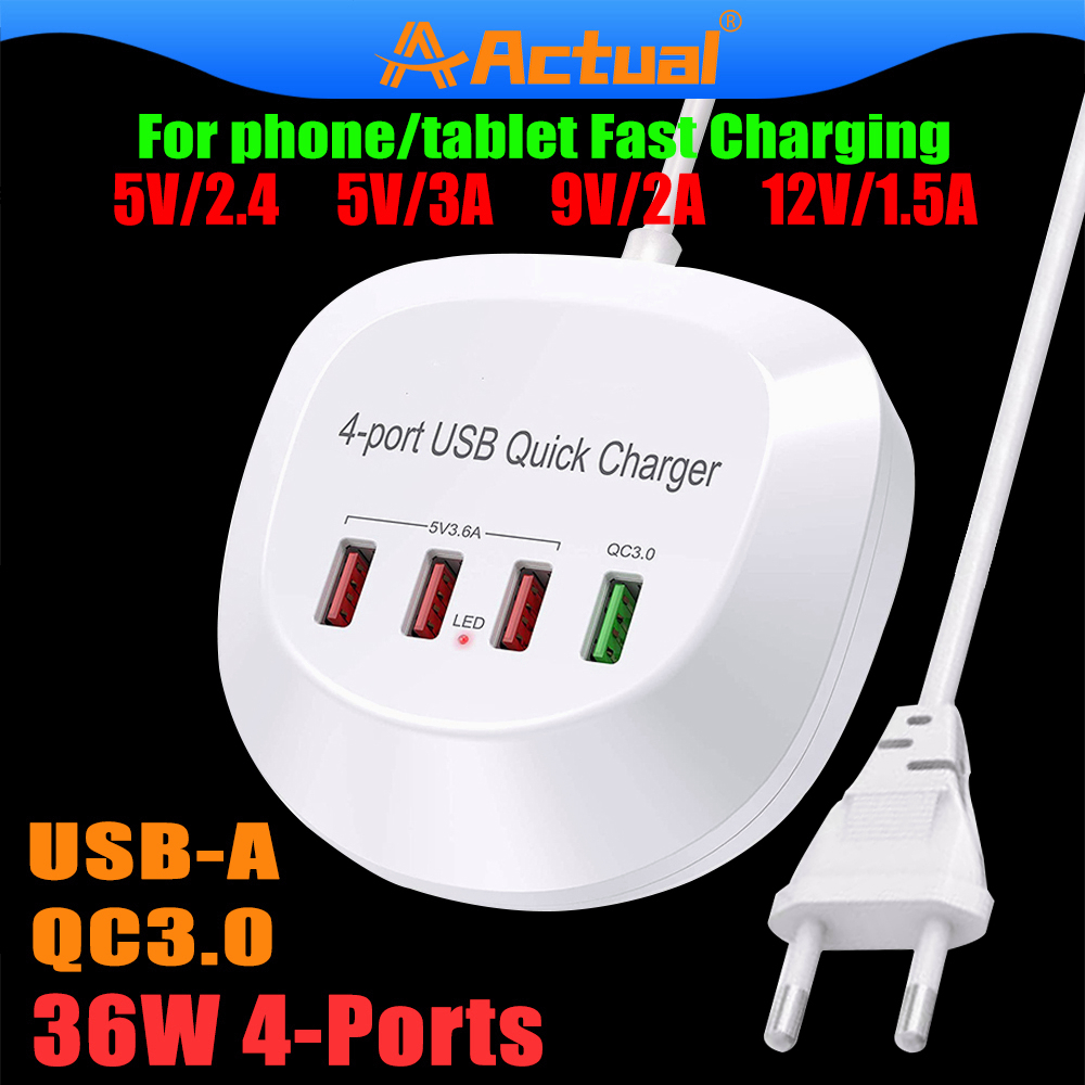 Actual【COD】36W 4 Ports USB Multi Port Charger Fast Charger 3.0 Fast PD Charger Adapter Station 3A QC3.0 Phone