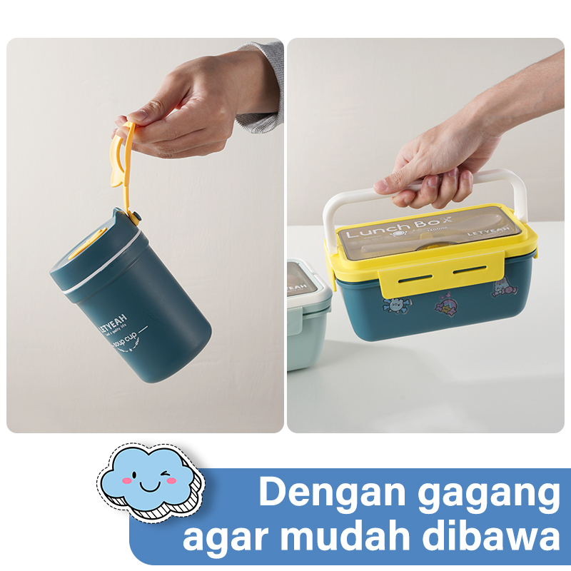 Letyeah &amp; Kaizenliving tempat makan anak sekolah set tas / kotak makan plastik 1400ml / lunch box set tas / tempat makan anti tumpah + stiker lucu