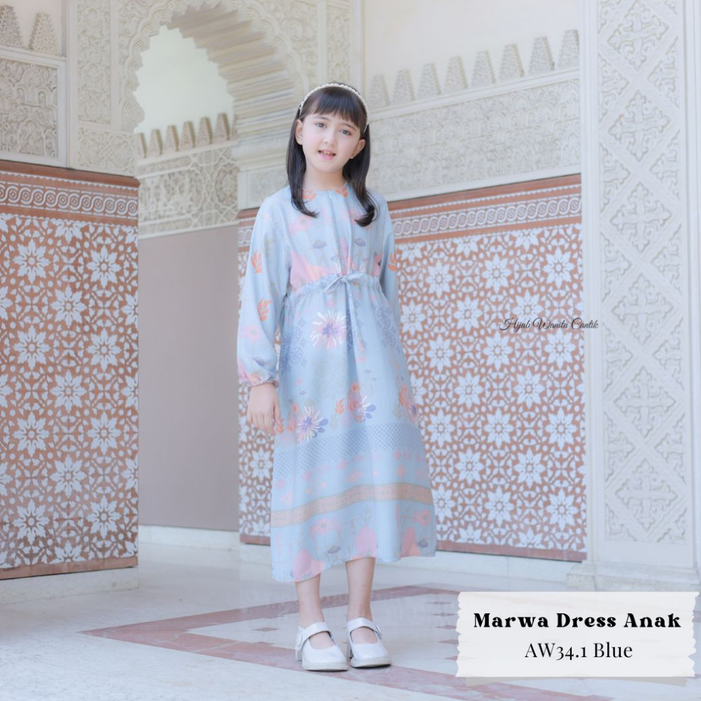 Hijabwanitacantik - Marwa Dress Anak AW34.1 Blue | Gamis Motif Premium-1