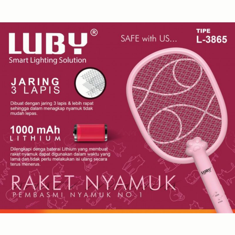 WTW11 Raket Nyamuk Cas Charge Luby L-3865 Baterai Lithium 1000mAh + USB