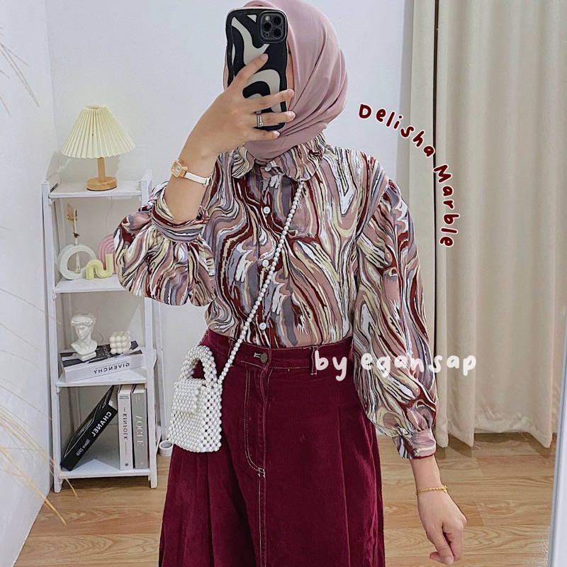 Delisha Marble | Kemeja Abstrak Marble Blouse Lengan Balon Atasan Kekinian Korean Style