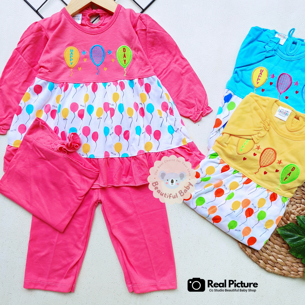 Baby.ou - Setelan Baju Bayi Muslim Perempuan 3-12 Bulan Motif Balon / Set Hijab Bayi / Kerudung Bayi / Gamis Bayi Perempuan