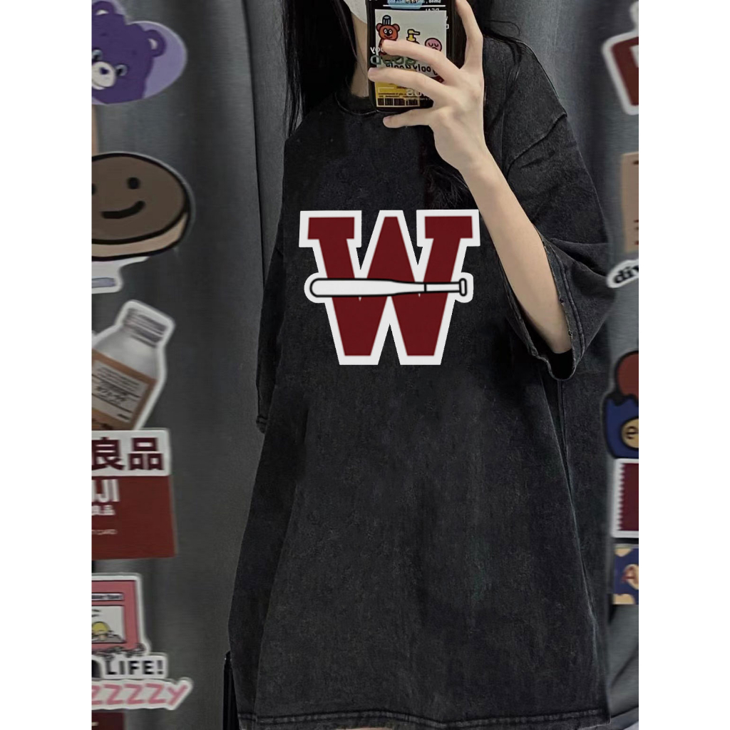 EUNII T-shirt Lengan Pendek Black Washed Vintage Baseball W Letter Printing Korean Style/Kaos Atasan Wanita/Baju Wanita/Kaos Wanita