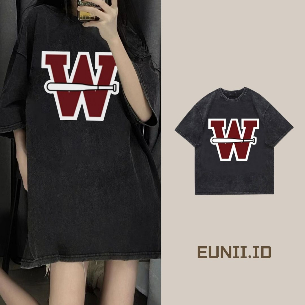 EUNII T-shirt Lengan Pendek Black Washed Vintage Baseball W Letter Printing Korean Style/Kaos Atasan Wanita/Baju Wanita/Kaos Wanita