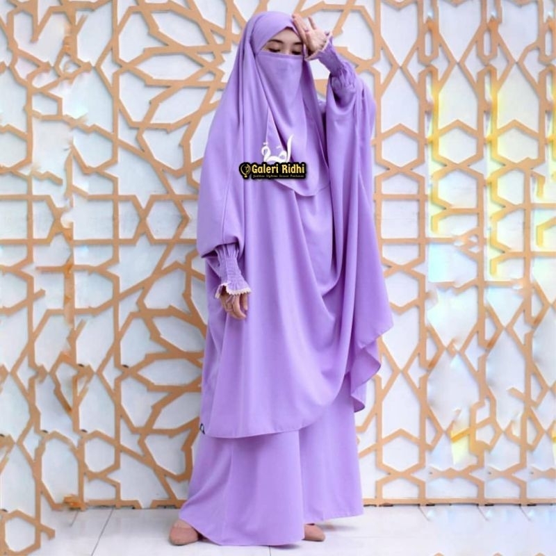 Lilac Set Setelan Gamis Fk French khimar Super Jumbo Ori Zakia by Ummah lengan cincin ring smock ren