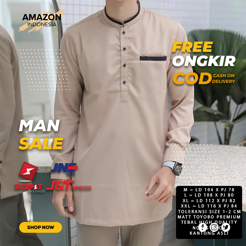 BAJU KOKO PRIA MUSLIM WARNA CREAM BAHAN KATUN TOYOBO PREMIUM LENGAN PANJANG HIGH QUALITY