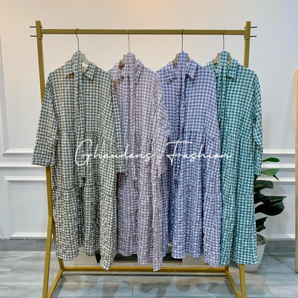 Midi Dress Tunic Gingham Button 3388-247 - Ghaudens