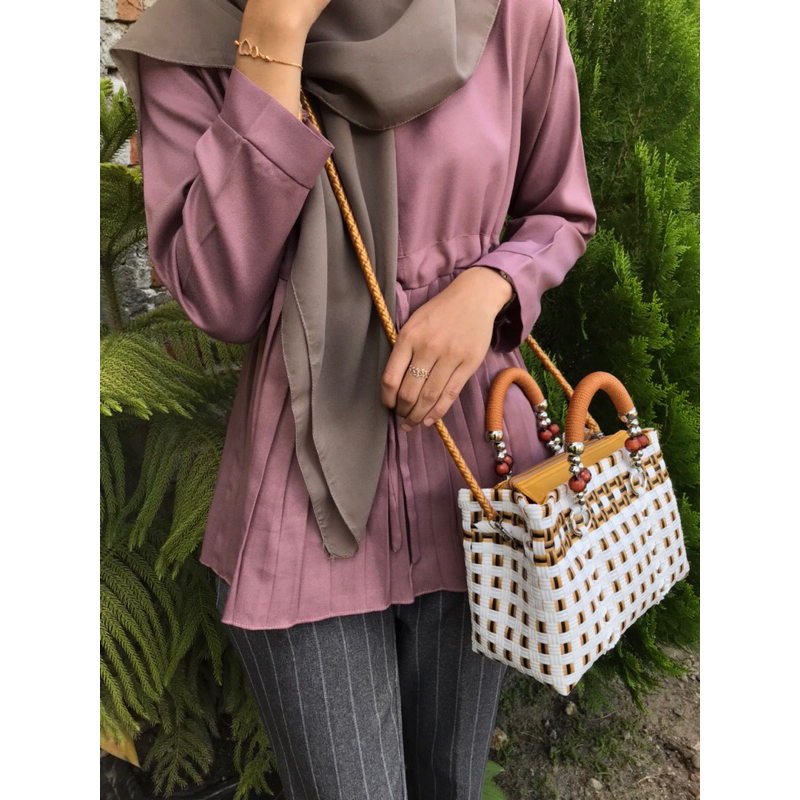 Tas Anyaman Plastik Jali Premium Handle Mutiara Talikur Slempang