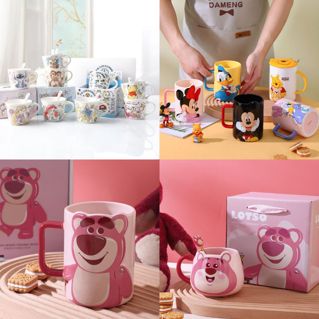 Gelas Cangkir Keramik Pooh Chip &amp; Dale Doraemon Rapunzel Ariel Alien Lotso Stitch Sinchan Donald Lotso Power Puff Girl