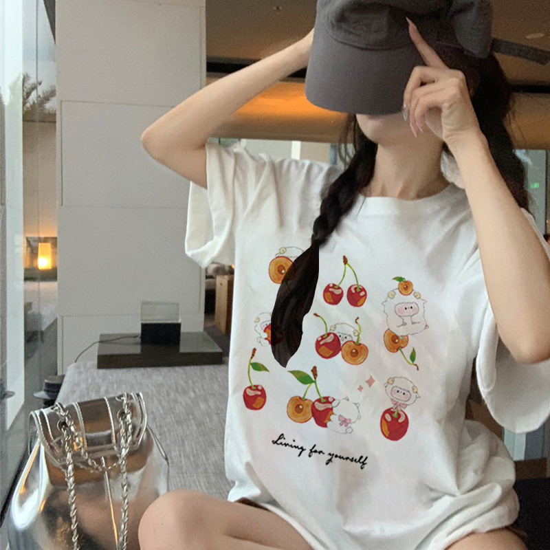 Print T-shirt Kaos Lengan Pendek Cartoon Little Cherry Baju Wanita Oversize Korean Style