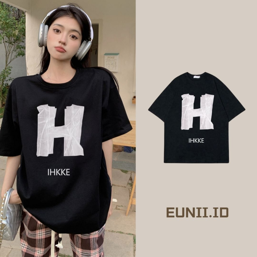 EUNII T-shirt Lengan Pendek Retro H Letter Printing Korean Style/Kaos Atasan Wanita/Baju Wanita/Kaos Wanita