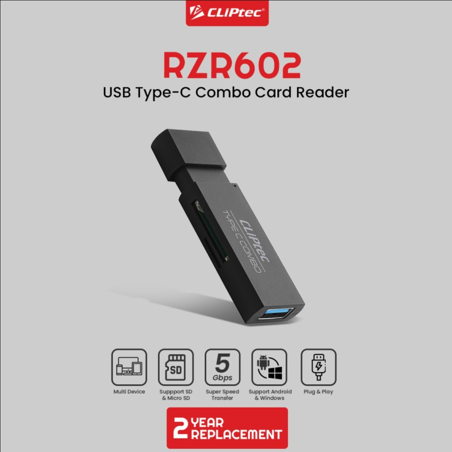 Type-c card reader direct cliptec SD TF micro sd w/ usb A 3.0 hub 5Gbps rzr-602 - pembaca kartu memori rzr602