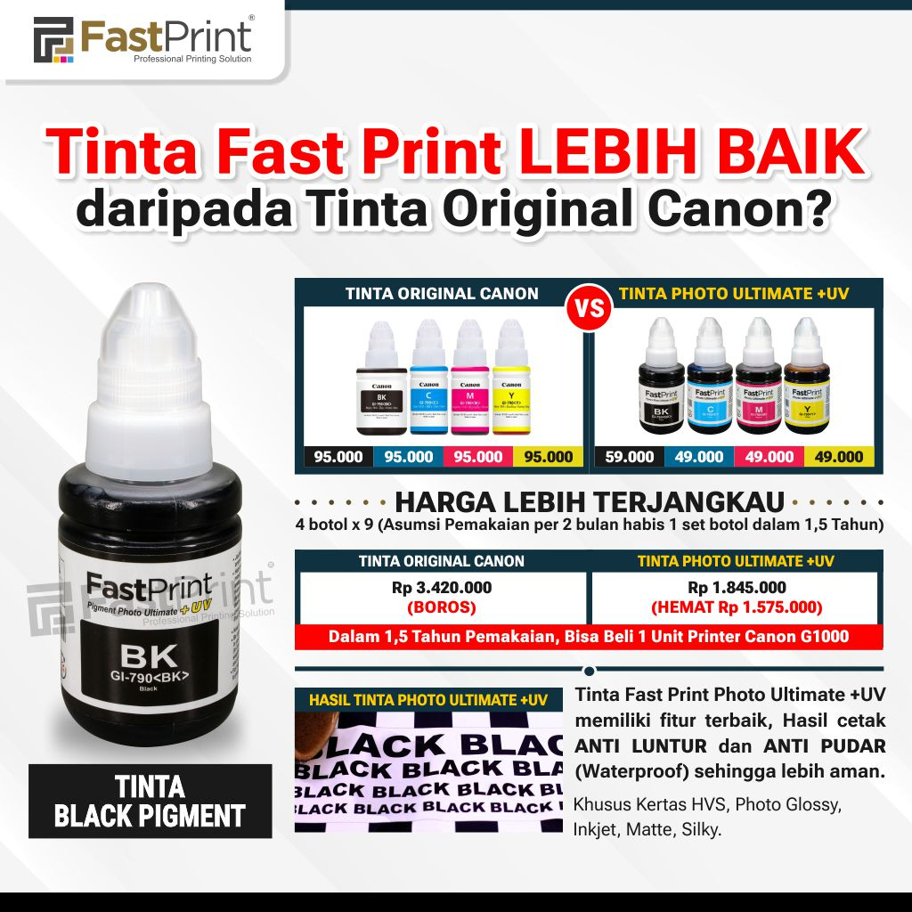 Tinta Canon GI-790 Pigment Ultimate Plus UV G1000, G2000, G3000 Black 135 ML