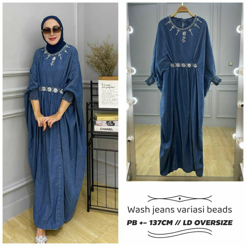 Claire Jeans Kaftan, KAFTAN JEANS JUMBO LEBARAN CANTIK MODIS FIT XXXXL BAHAN JEANS WASH IMPORT MIX MUTIARA TERMURAH OOTD TERLARIS