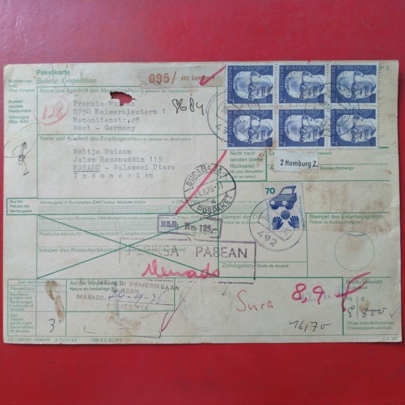 Koleksi Kuno Jadul 1976 Arsip Pengiriman Paket Barang Jerman-Indonesia - YN104