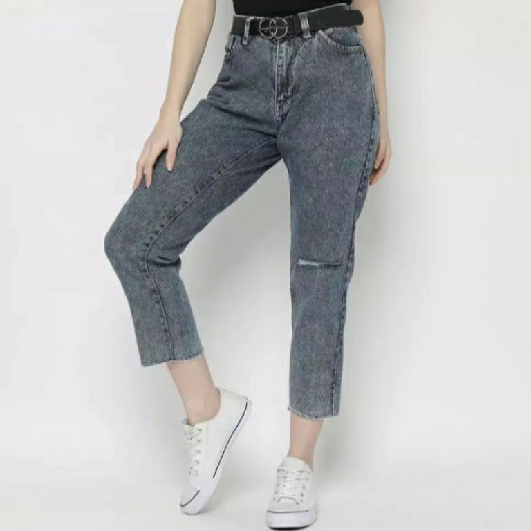 celana jeans wanita sobek kiri kekininan snow black highwaist