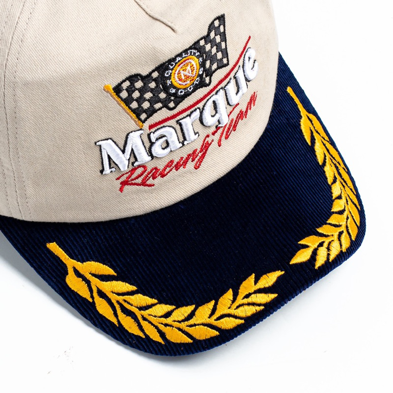 MARQUE.CO Racing Team Vintage Cap Hat Topi - Model Kasual Warna Krem dengan Aksen Navy Corduroy, Buckle Leather Strap