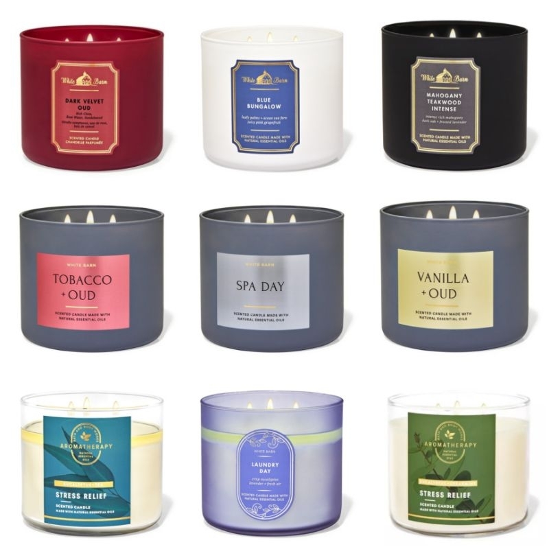 BBW CANDLE 3 WICKS White Barn Series - Stress Relief, Eucalyptus Spearmint, Eucalyptus Tea, Home Cabin, Spice Cardamom, Mahogany Teakwood, Sun Drenched Linen