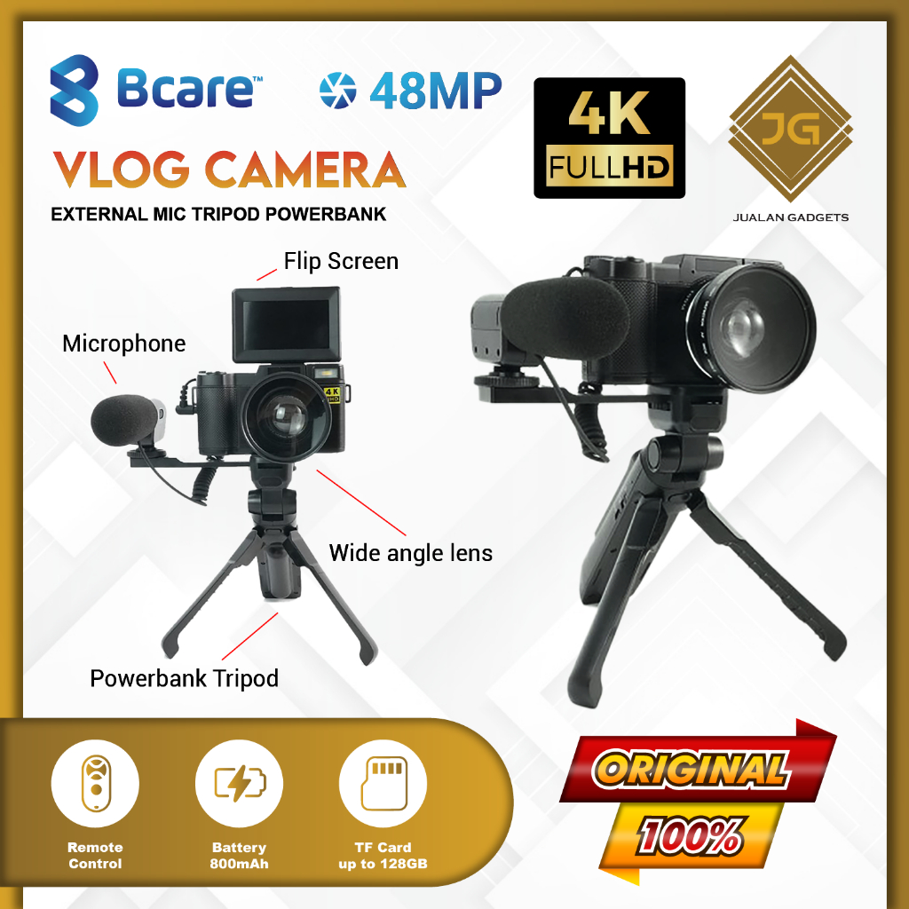 Bcare Vlog Camera 48MP 4K/60FPS Tripod Powerbank With External Mic