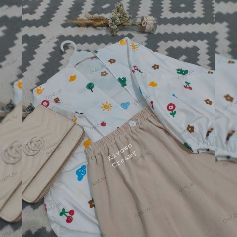 Setelan Baju Outer Kiyowo Dan Kulot Kerut Susun Kancing Pinggang Karen Wanita Remaja Dan Anak