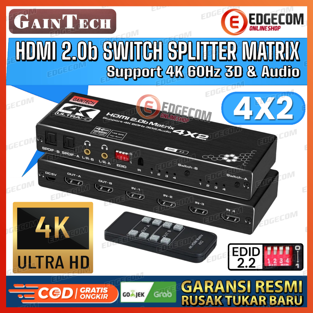 HDMI Matrix Switcher &amp; Splitter 4x2 4K EDID audio Gaintech