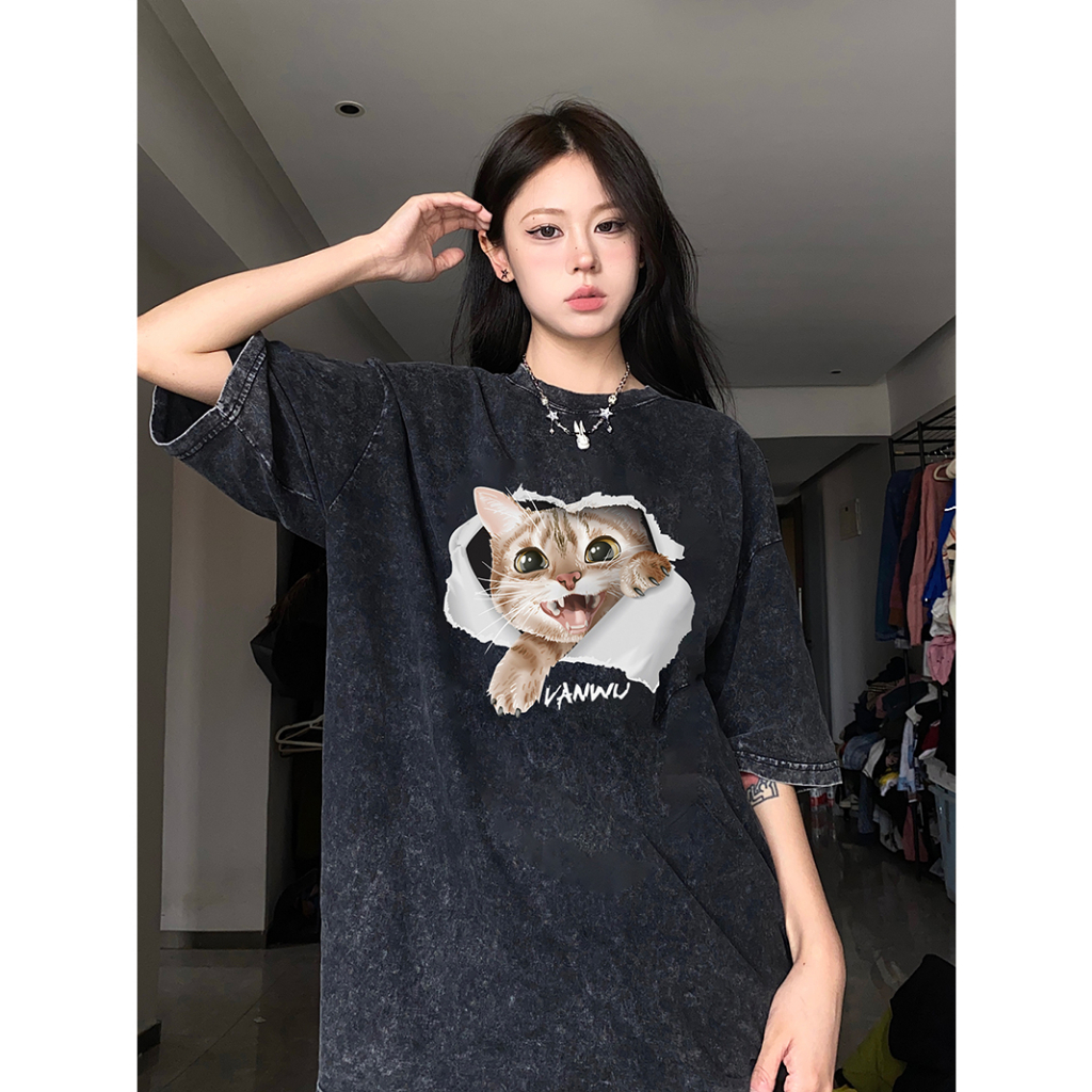 EUNII T-shirt Lengan Pendek Black Washed Cartoon Torn Cat Printing Korean Style/Kaos Atasan Wanita/Baju Wanita