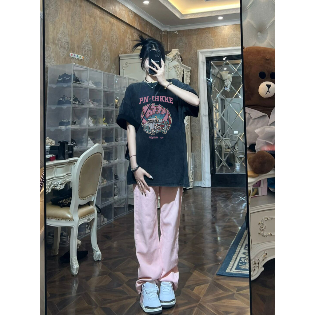 EUNII T-shirt Lengan Pendek Black Washed Vintage Pink Car Printing Korean Style/Kaos Atasan Wanita/Baju Wanita