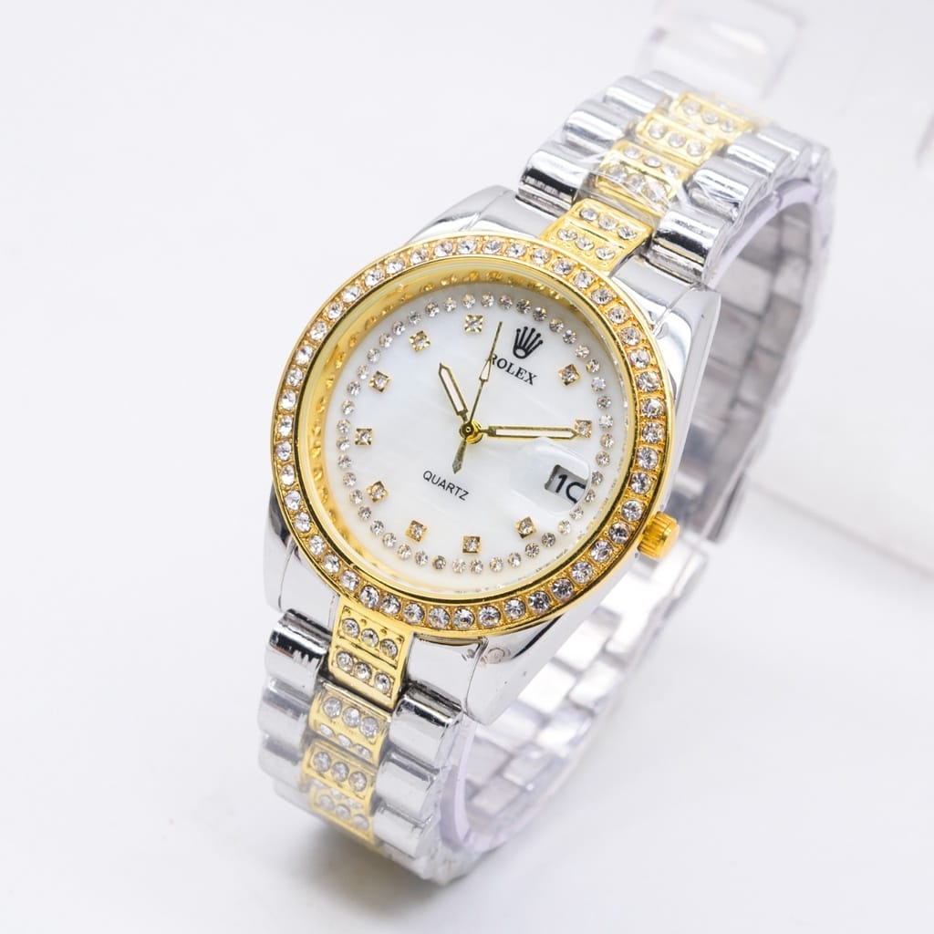 Jam Tangan Wanita Rolex Permata Kecil Tali Rantai Body Bulat Tanggal Aktif