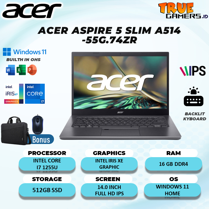 Laptop Acer Aspire slim A514 I7 1255U 8GB 512GBSSD IRISXE 14.0FHD IPS THUNDERB BLIT