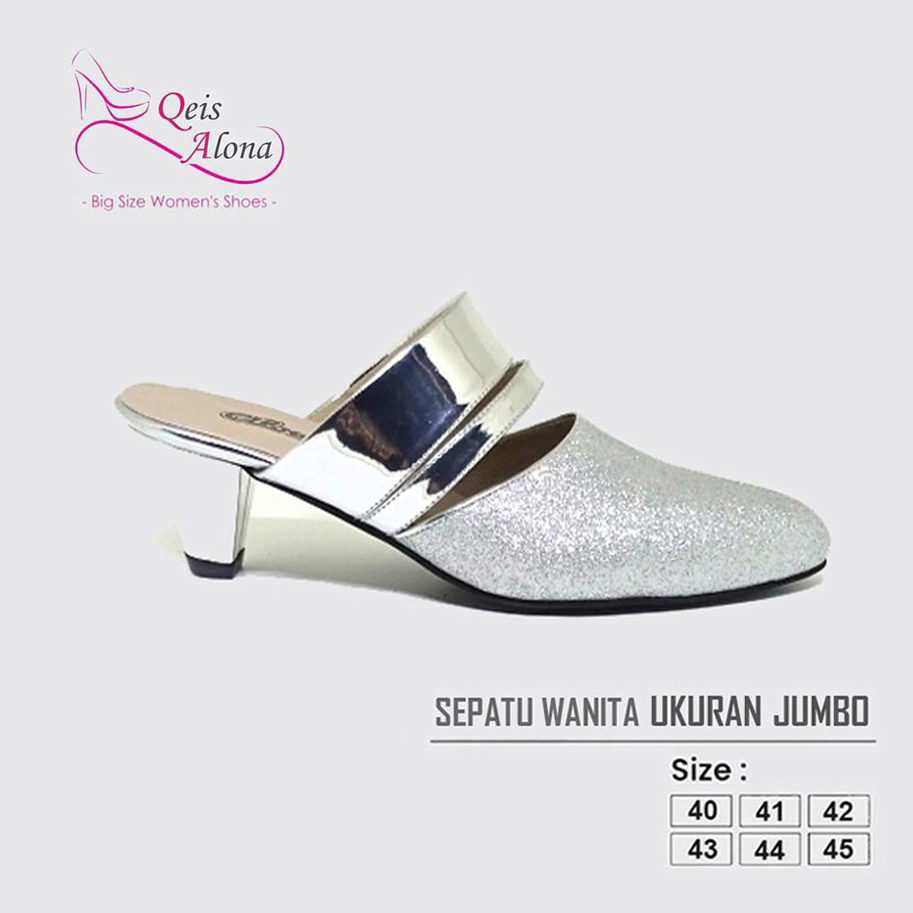 MULES HEELS BIG SIZE - Sepatu Sandal Wanita Cantik Mewah Sliver |Sendal Selop Bustong Heels Cewe| Ukuran Besar-Jumbo-Gede | Buat Acara Wedding Pesta Formal Arisan Kondangan Resmi