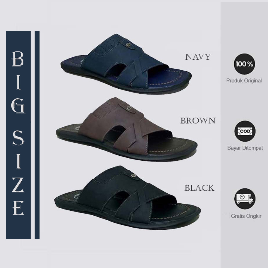 Sandal Kulit Pria Ukuran Besar Kaki Super Jumbo no 44 45 46 47 48 Sendal Selop Biru Navy Slide Blue