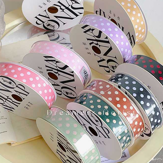 [PER GULUNG] Pita Hampers KAIN POLKADOT PREMIUM 1 inch (2,5 cm) Depan Belakang Beda Warna Per Rol