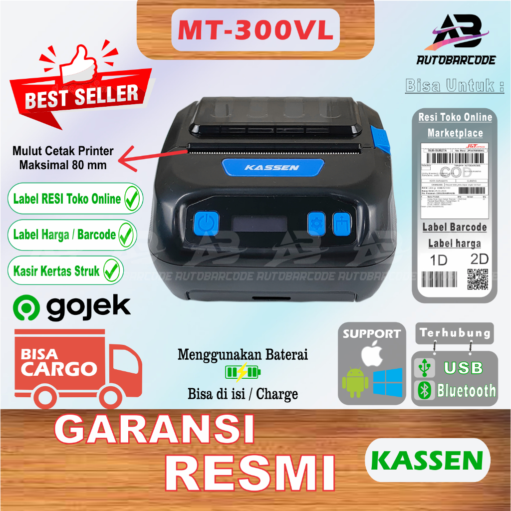 Printer Bluetooth KASSEN MT-300VL / MT300VL / MT 300 VL Resi Marketplace Kasir Struk Portable Mobile - C80LP / EP805 Label Barcode Thermal