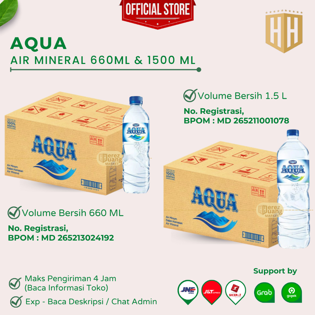 AQUA 660ML BOTOL &amp; AQUA 1500ML BOTOL , Air Mineral Aqua Botol 660ml dan Aqua Botol 1.5 L Per 1 Dus