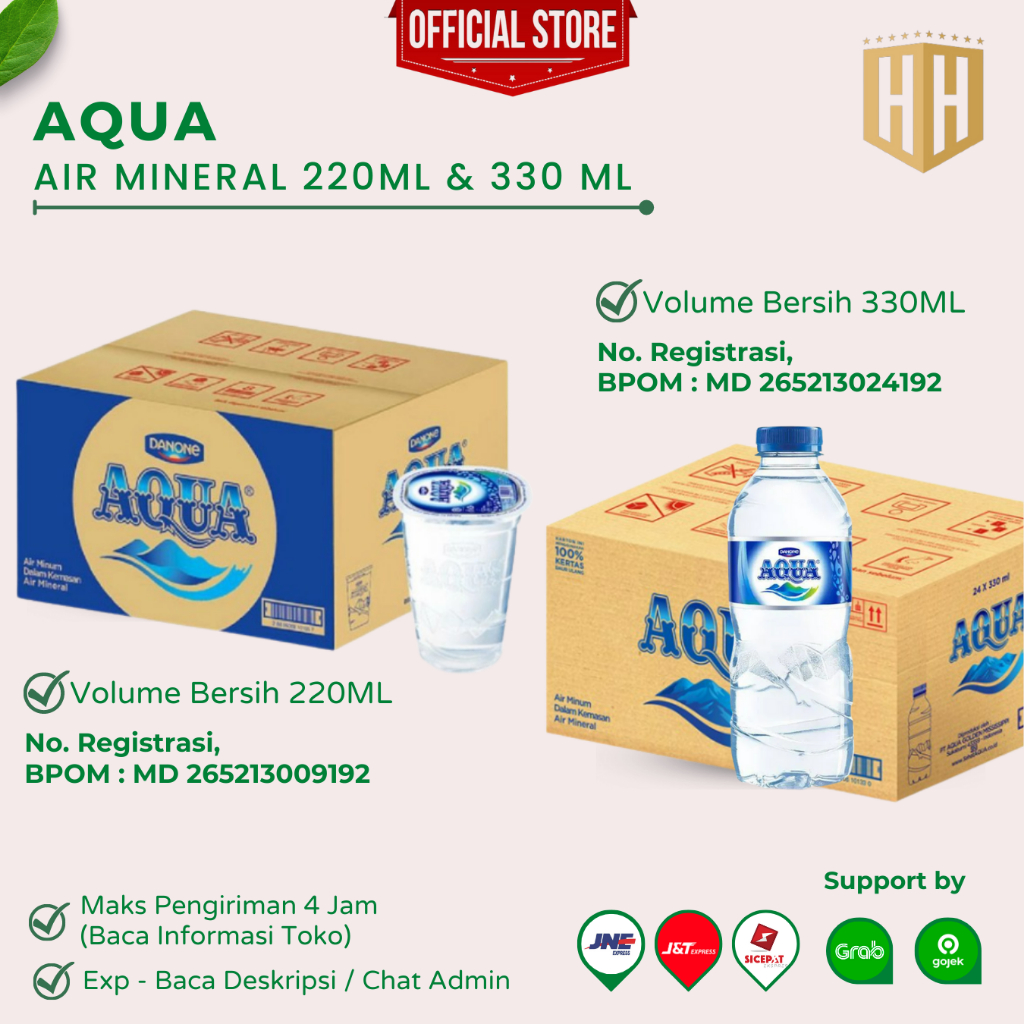 

AQUA 220ML & AQUA 330ML , Minuman Air Mineral Aqua Cup Gelas 220ml dan Aqua Botol 330ml Per 1 Dus