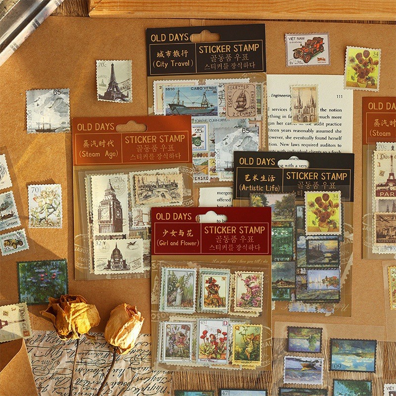 

4 Lembar Sticker Sheet Perangko Stamp Vintage Scrapbook Deco Retro 81