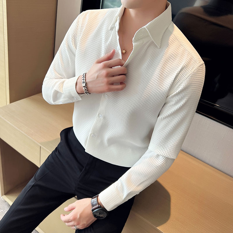 Kemeja Waffle Lengan Panjang Pria Knit Uniqlo Korea Style