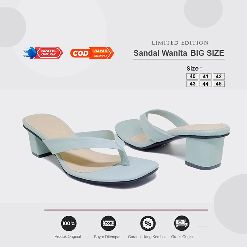 Flip Flop Green Mint - Sandal Heels Wanita (Ukuran Besar Kaki Jumbo) Jepit Heel Capit Cantik Unik