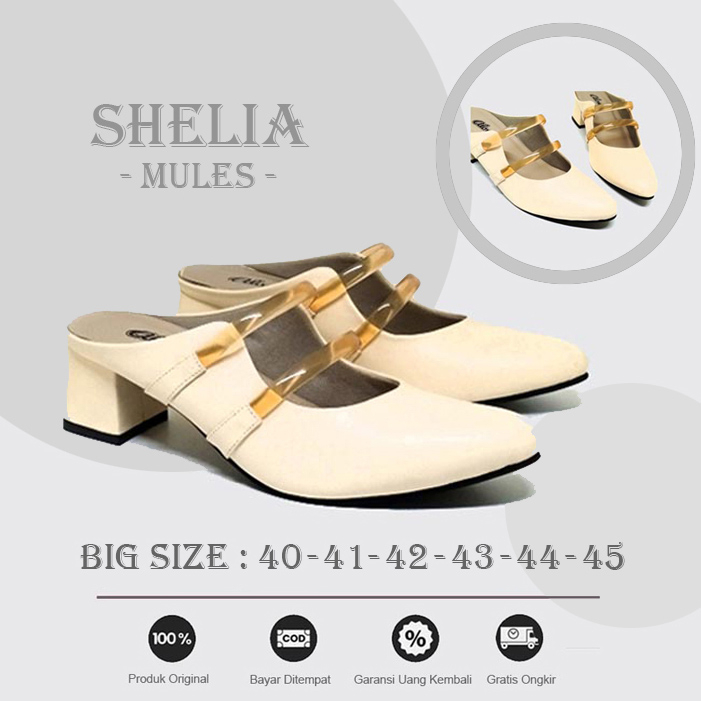 SHELIA MULES - Sepatu Sandal Heels Wanita (Ukuran Besar Kaki Jumbo) Sendal Bustong Pesta Formal Krem Cantik Unik Big Size