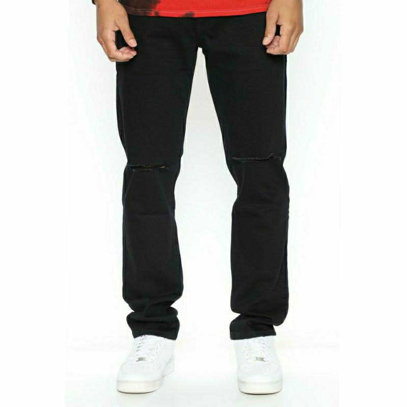 CELANA SOBEK PRIA RIPPED JEANS ROBEK STANDAR REGULER BASIC HITAM 27-38