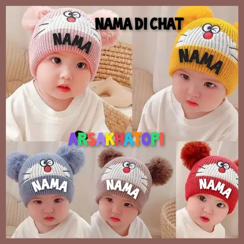 Kupluk Bayi  topi Anak Rajut Doraemon Pom2 Bebas Nama Suka Suka