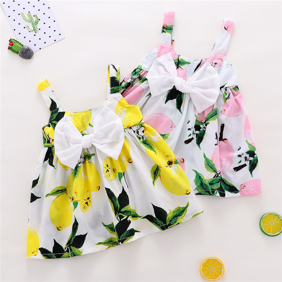 Gaun Putri Musim Panas Anak Perempuan Bayi Gaun Pita Besar Print Lemon Fashion Baru Pakaian Selempang Bayi Lucu 0-2 Tahun