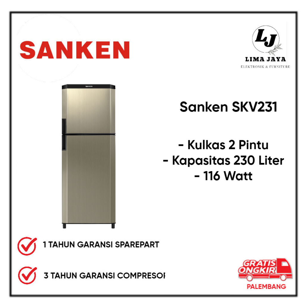 Kulkas 2 Pintu Sanken SKV231 Kulkas 230 Liter Dua Pintu Sanken