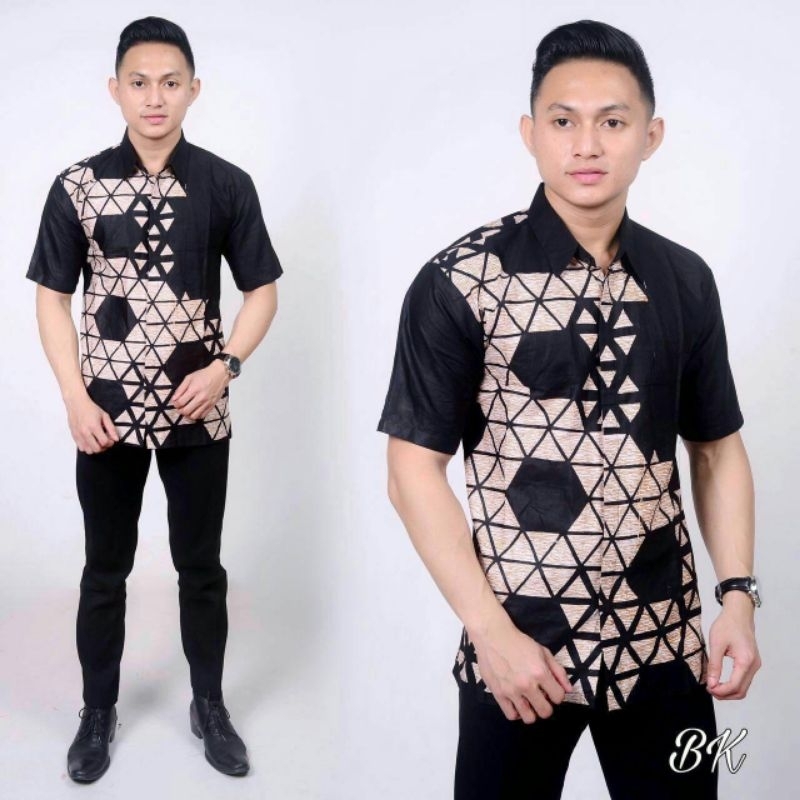 Baju batik M L XL XXL hem kemeja lengan pendek motif memanah grosir murah fashion atasan kerja